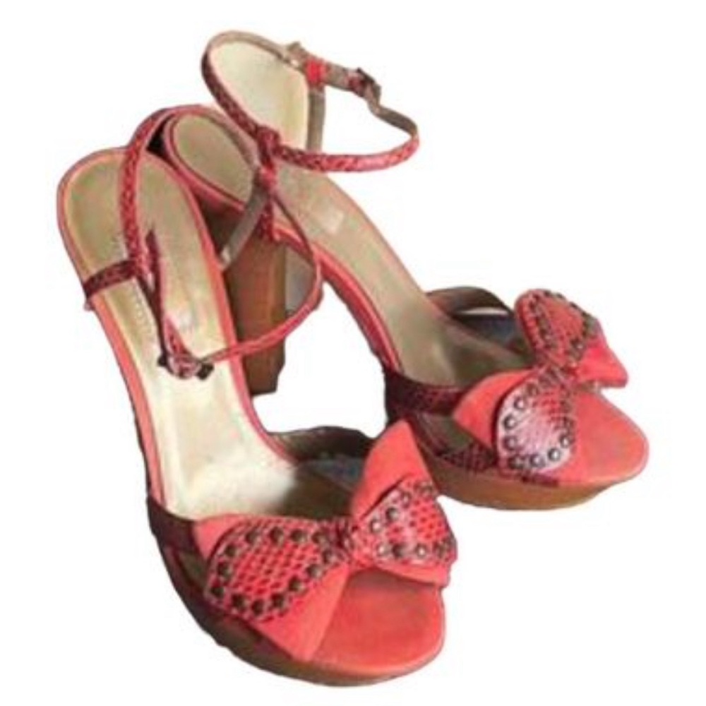 JLO Coral Color High Heels Fabric & Snakeskin Ankle Strap, Size 7